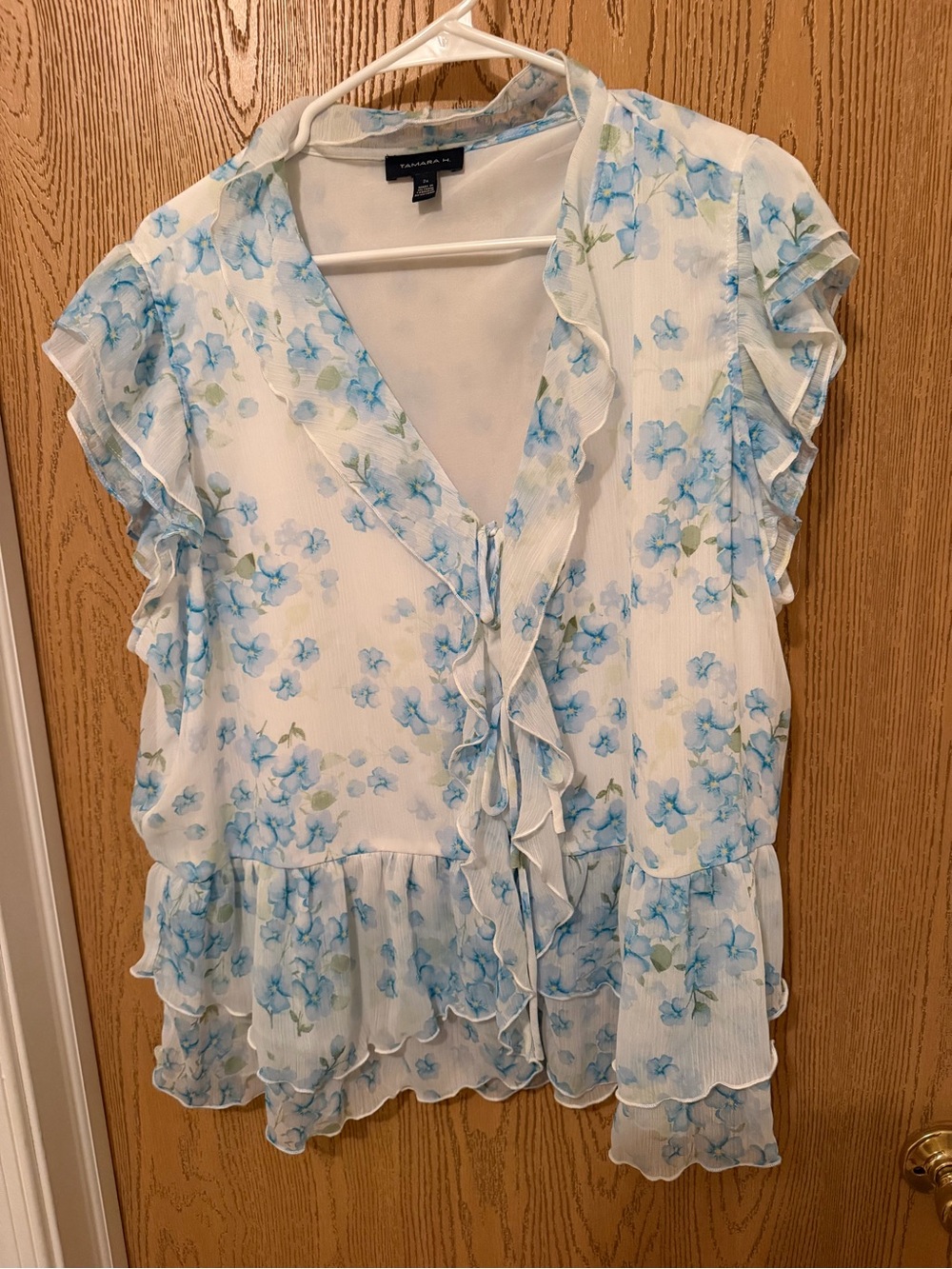 Womens  Soft Blue Floral Ruffle Blouse